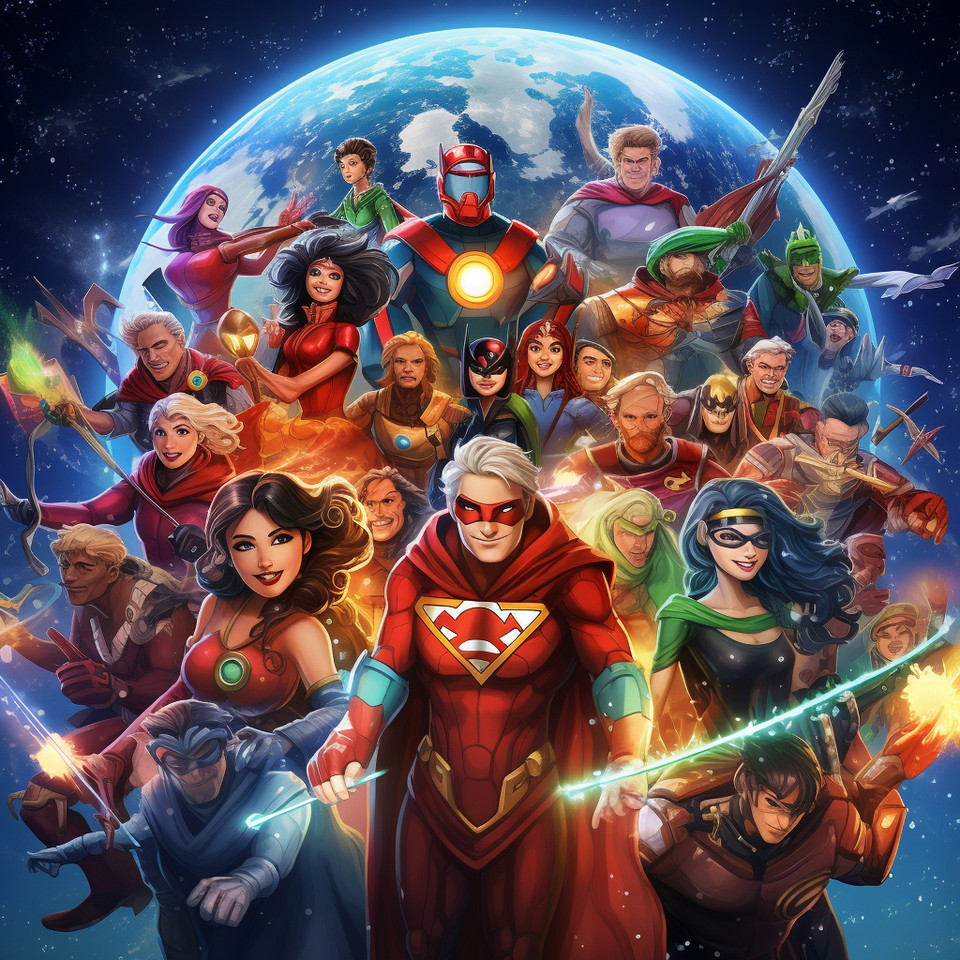 group of cheerful superheroes and superheroines of all age, different skin and hair colors, colorful suits and capes floating in space. The group is connected by a golden link