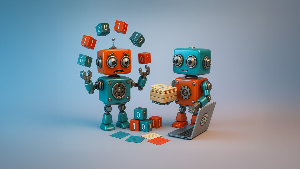 Zwei kreative Roboter jonglieren mit Zahlen und interagieren mit einem Laptop in einem farbenfrohen Setting.
