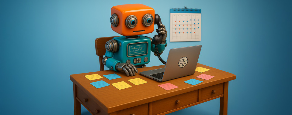 Ein Roboter, der am Tisch telefoniert und an einem Laptop mit Notizen arbeitet, vor einem Kalender. Kreative Büroarbeit.