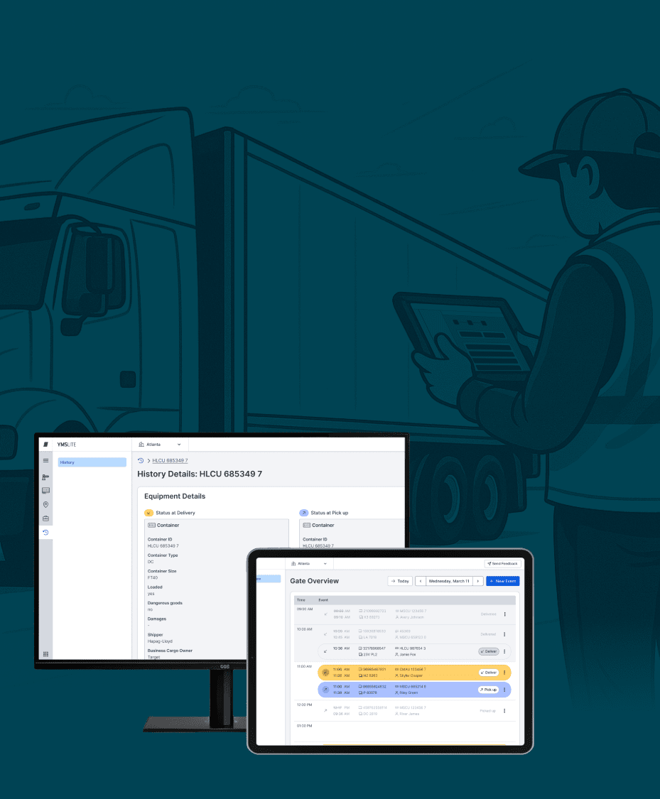Ein LKW und ein Arbeiter, der ein Tablet zur Überprüfung von Fracht- und Lieferdaten verwendet.