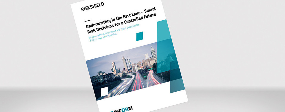 RiskShield paper cover showing city skyline and light trails symbolizing speed, control, and AI-powered underwriting.