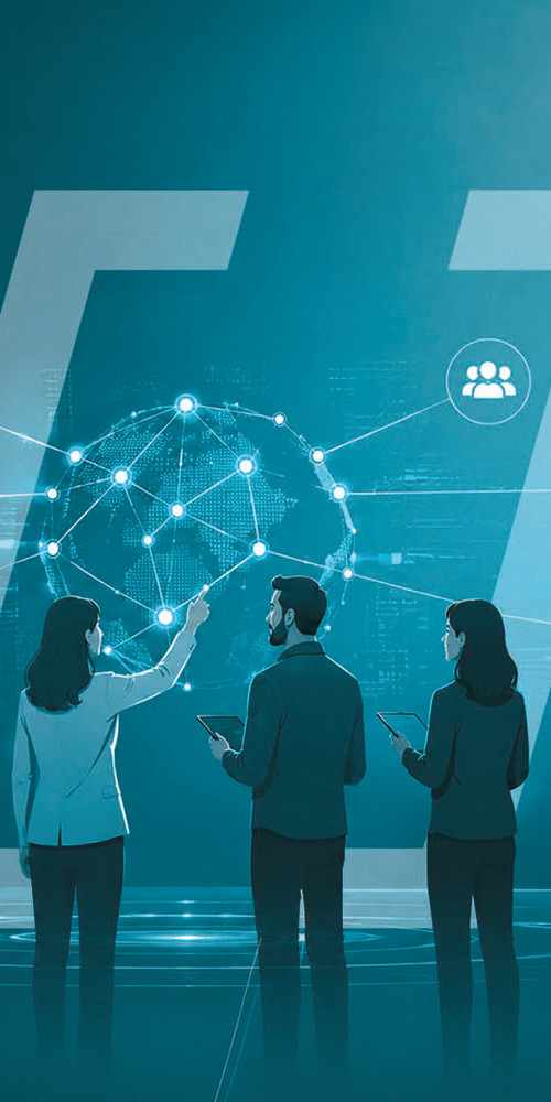 Professionals collaborating around a digital network representing the RiskShield Partner Program.