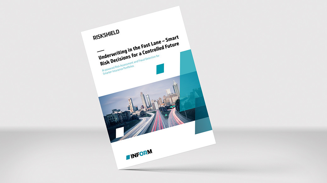 RiskShield paper cover showing city skyline and light trails symbolizing speed, control, and AI-powered underwriting.