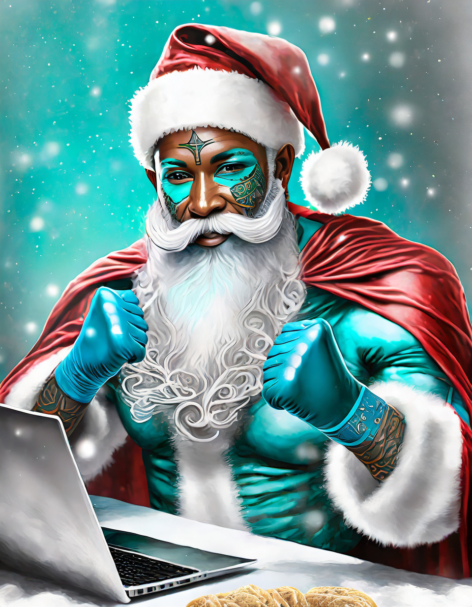 Tattooed superhero Santa Claus with turquoise cape and gloves analyzes data on a laptop