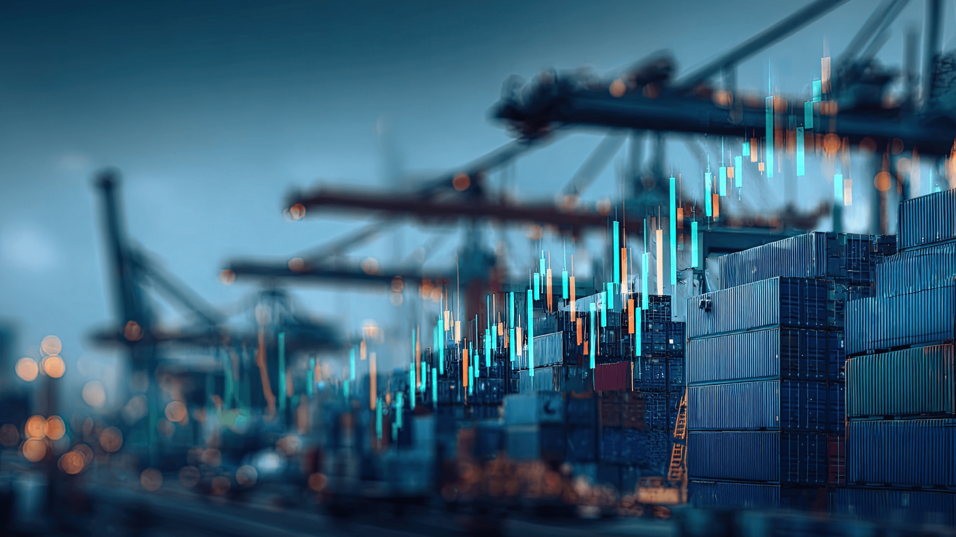 Blurred image of shipping containers with digital trading graph, symbolizing interconnection through data.