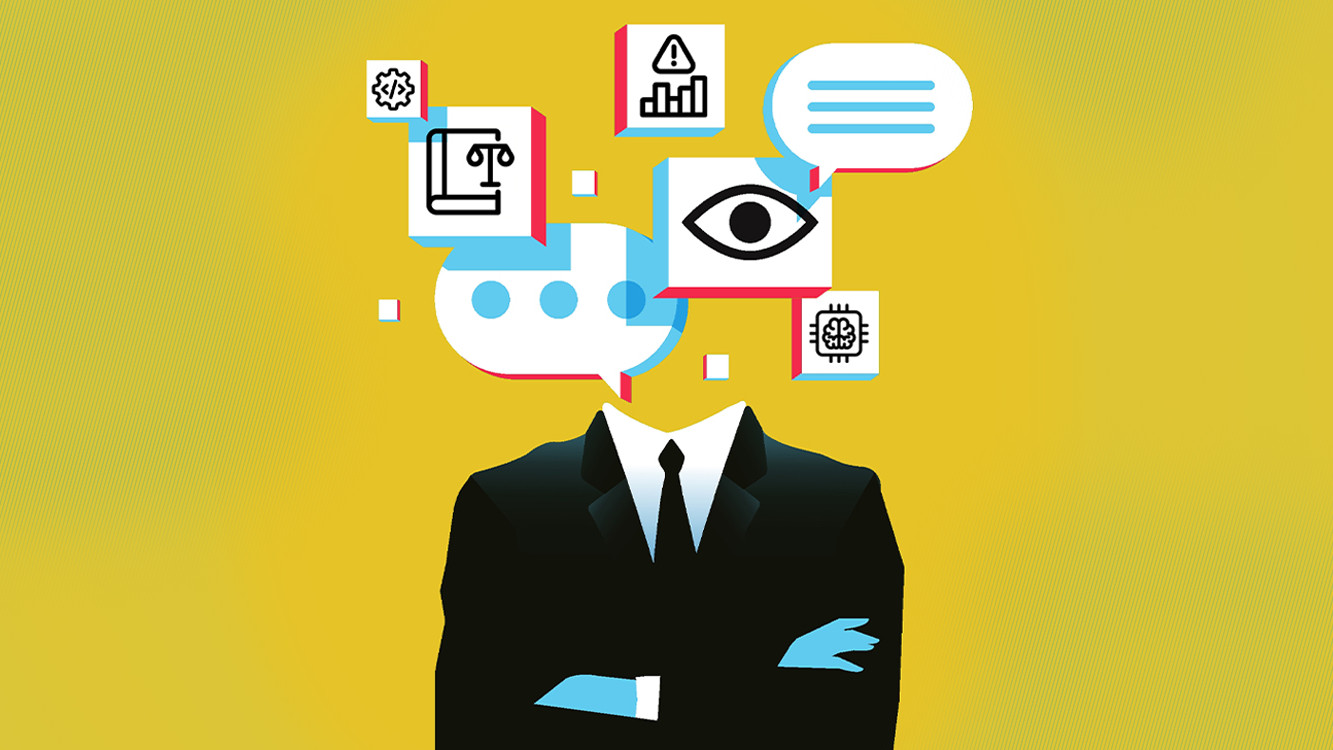 Stylized illustration of a faceless person in a suit, with abstract icons like a maze, speech bubble, question mark, and eye emerging from their head – symbolizing the complexity of AML decision-making and compliance challenges.