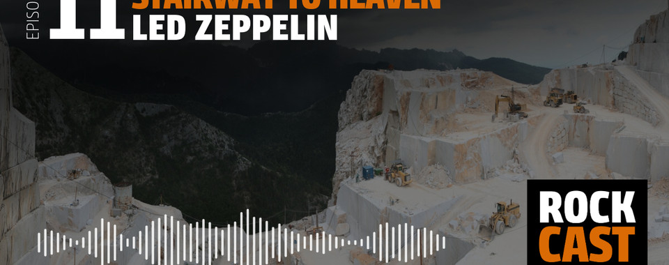 A large quarry with several excavators. Overlay text reads "Episode 11 Stairway to Heaven Led Zeppelin." 