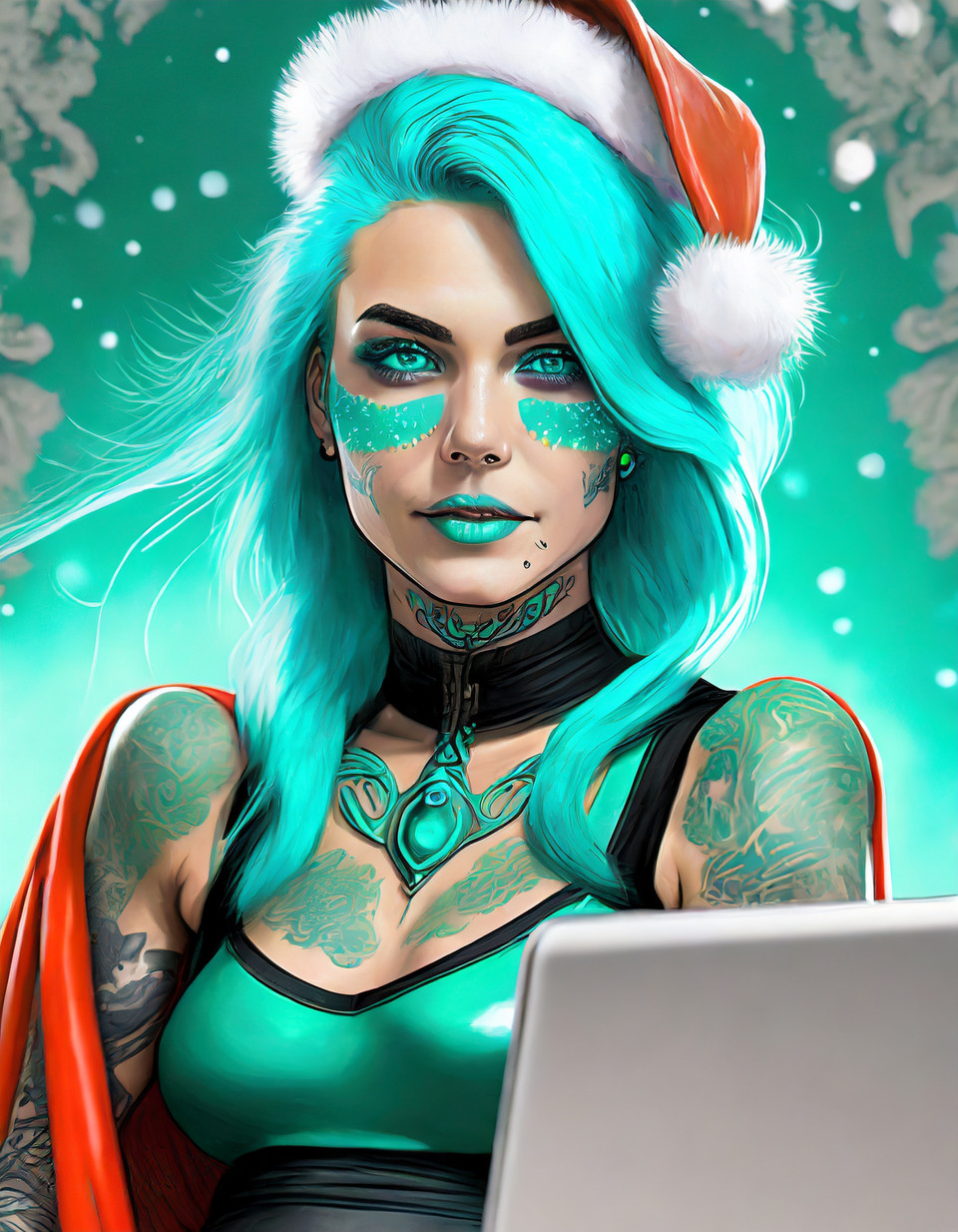 Tattooed superhero Santa Claus with turquoise cape and gloves analyzes data on a laptop