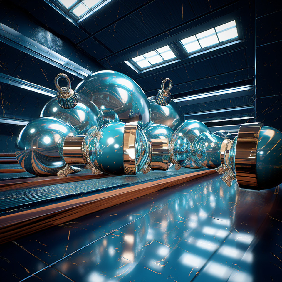 modern machine warehouse, lean design assembly lines ::3, natural lighting, turquoise windows, cinematic --ar 4:3, add 5 turquoise christmas balls