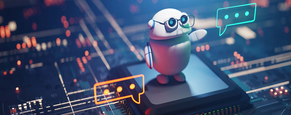 Conversational co-pilot AI robot with speech bubble