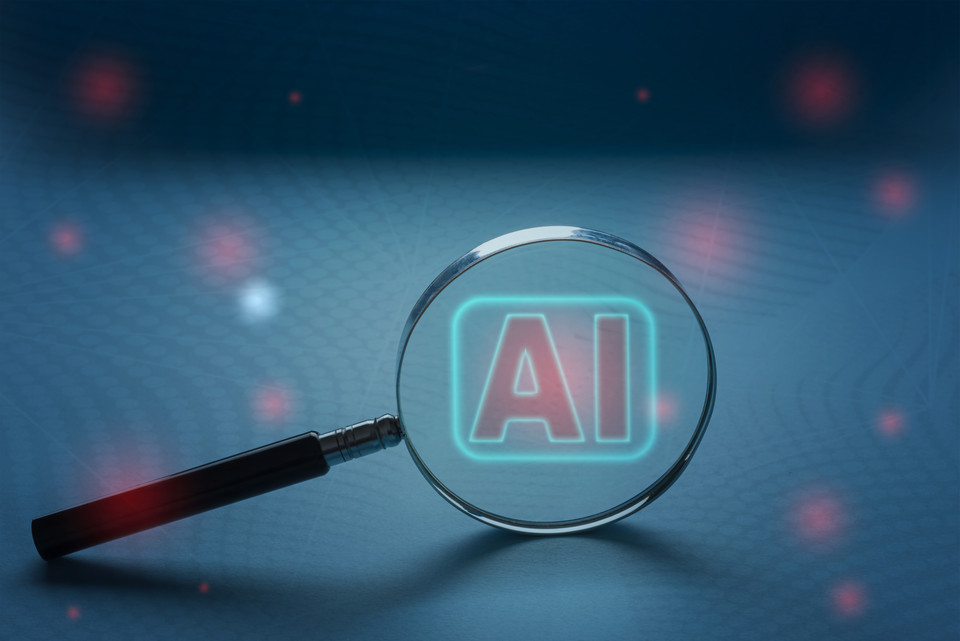 Digitales Bild von KI-Kommunikation mit Textblasen und Programmiercode im Hintergrund, abstrakte Technologie-Darstellung.