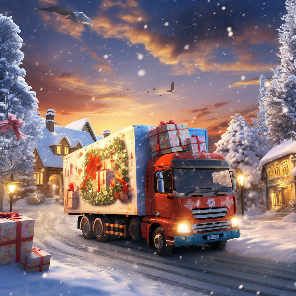 a festively decorated delivery truck driving on a snowy road. 