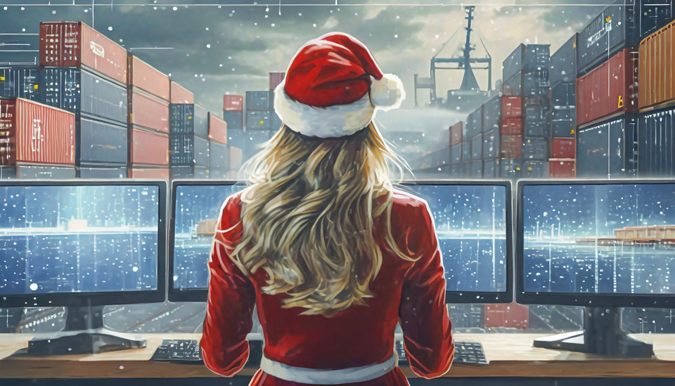 Santa Claus with a red cap from behind in front of 4 monitors analyzing data at a container port.