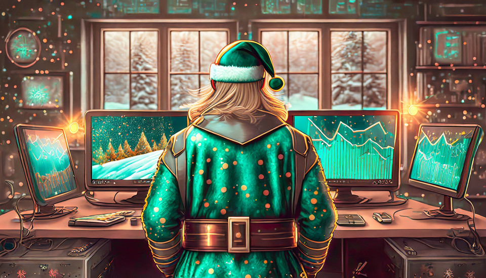 Santa Claus with coat and cap in the color turquoise from behind in front of two monitors 