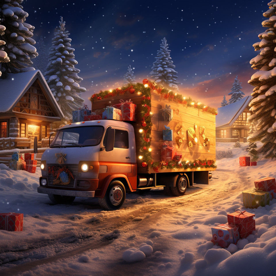 a festively decorated delivery truck driving on a snowy road. The truck should have Christmas lights and a wreath on the front. - Above the truck flies a colorful Christmas airplane. The plane is also festively decorated and drops Christmas presents over the landscape. - The scene is set at sunset or dusk to create a warm, magical atmosphere. - There should be snowy mountains or a wintry cityscape in the background to enhance the festive mood