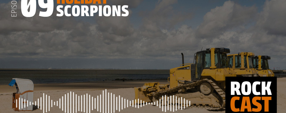 Three Excavators on the Beach facing the Horizon. Overlay text reads "Episode 09 Holiday The Scorpions."