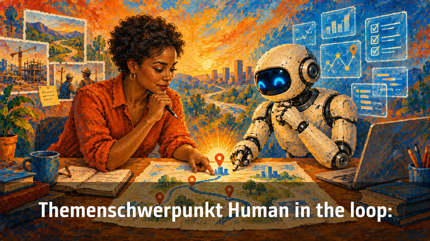 Frau arbeitet mit einem Roboter an einem Projektplan, umgeben von Notizen und Grafik-Elementen.