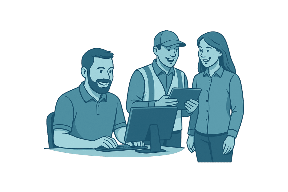 Team collaboration in a workplace with a computer and tablet, featuring an office setting and professional attire.