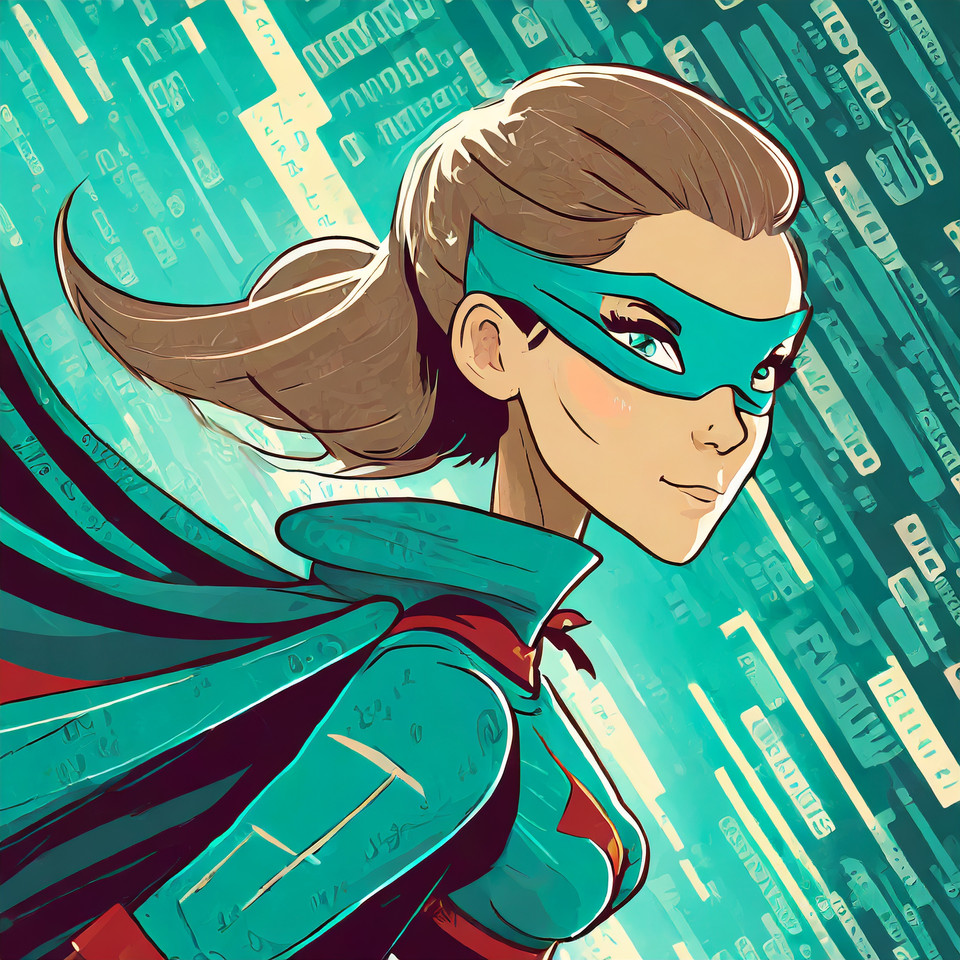 Turquoise superhero and superheroine with cape fly virtually through program code and data