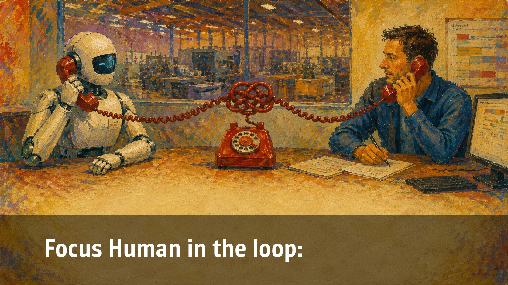 A robot and a man are talking on the phone in a modern office, symbolizing communication and technology.