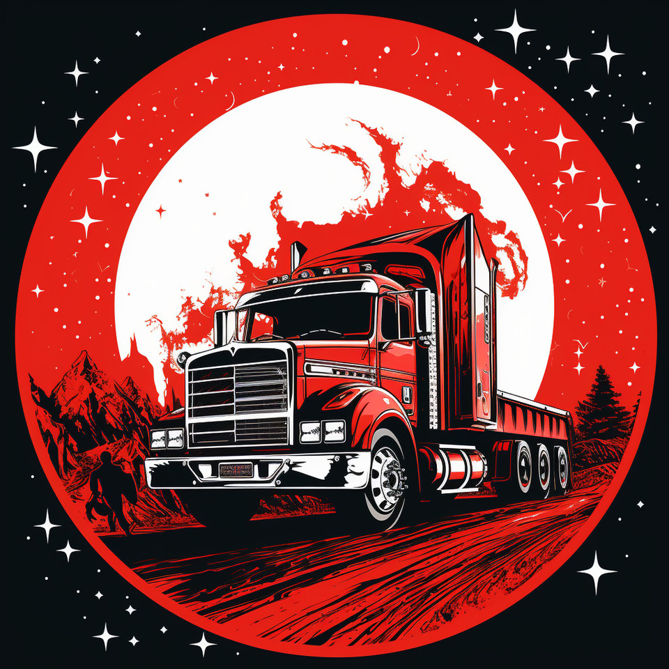 red modern truck with 4 angels in outer space as stencil