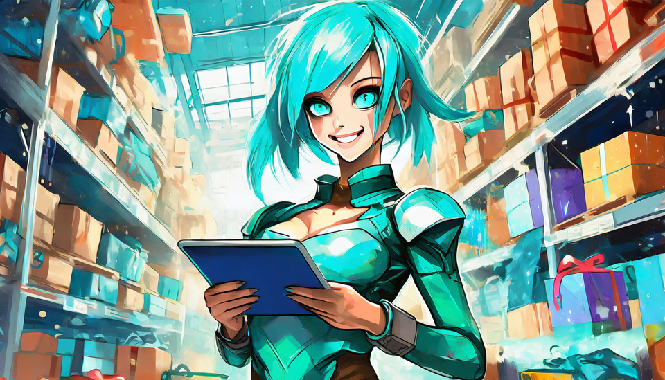 Turquoise superhero with turquoise hair with ipad in a warehouse full of colorful gifts