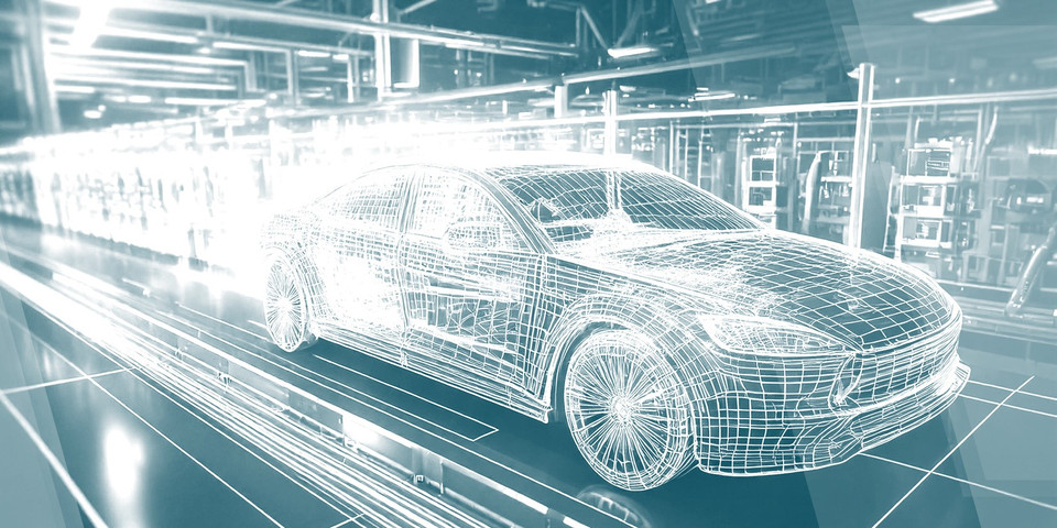 3D wireframe model of a modern car in a futuristic manufacturing environment