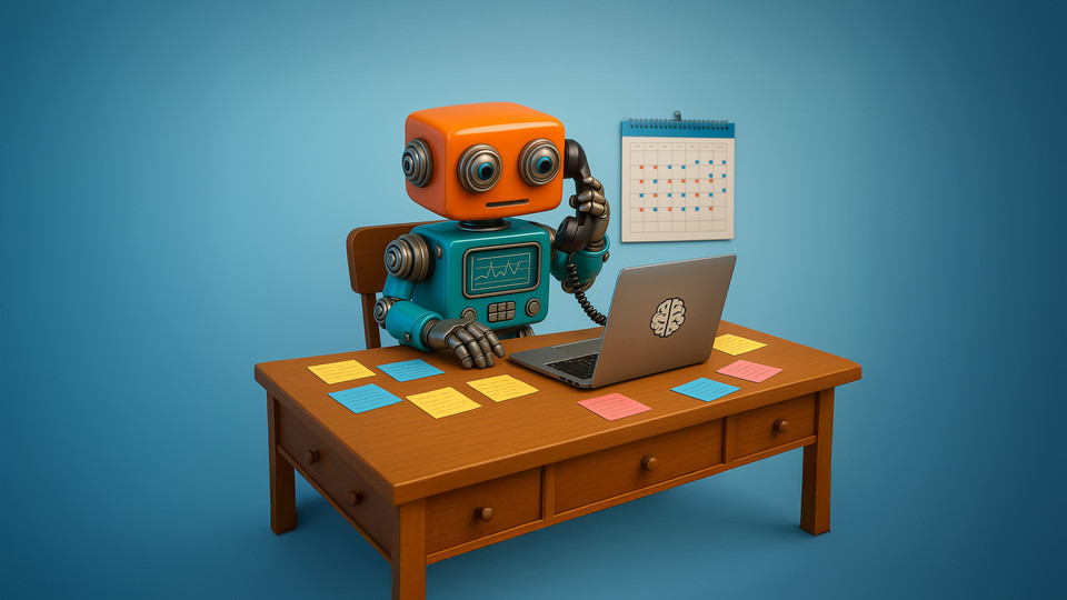 Stylized robot working at a desk with a laptop, notepad, and calendar, illustrating tech innovation and productivity.