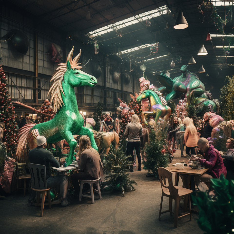 photo of christmas party in a warehouse with green unicorns