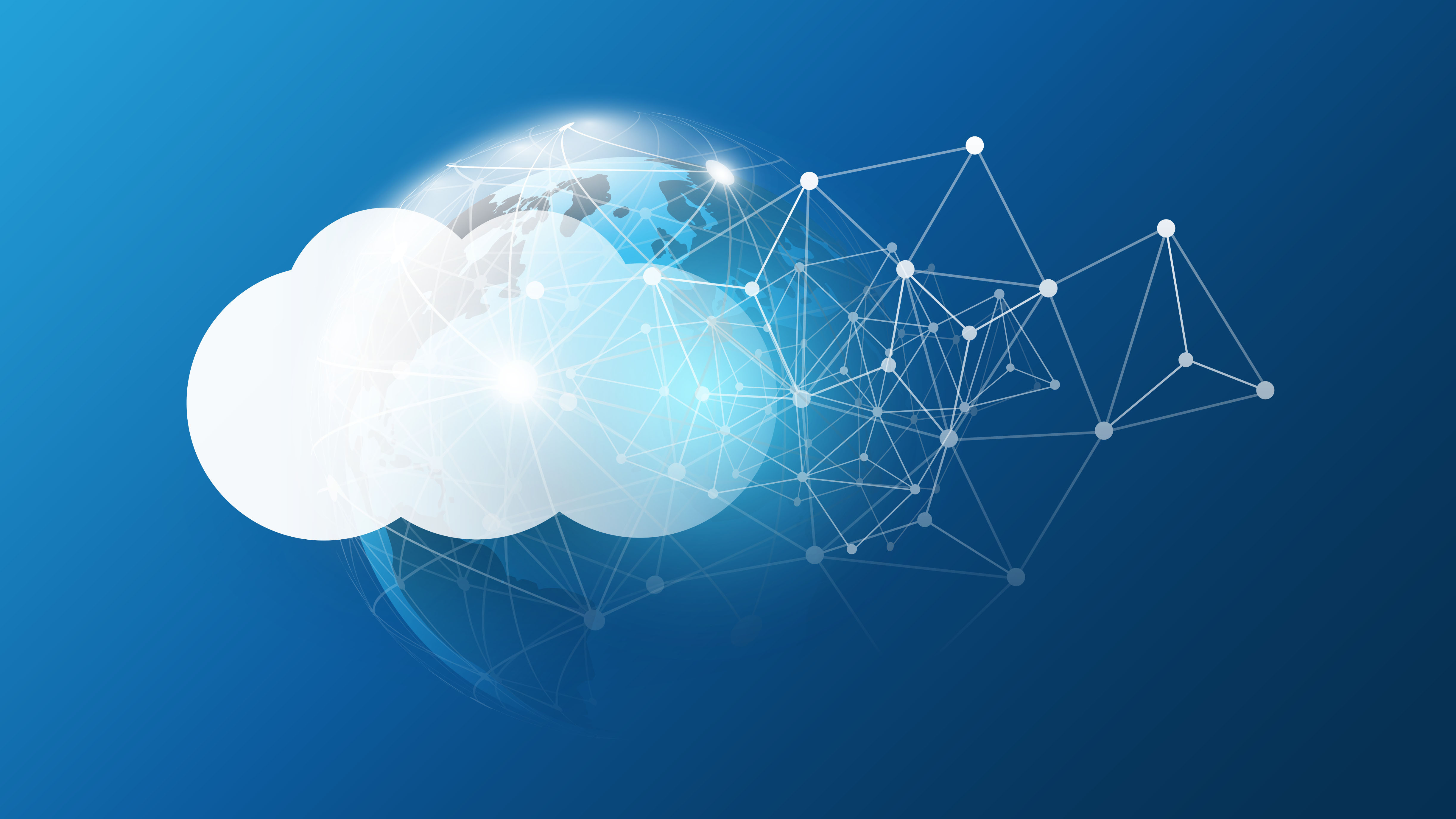 Globus mit Cloud-Icon und digitalem Netzwerk auf blauem Hintergrund, symbolisiert globale Cloud-Technologie und Vernetzung.
