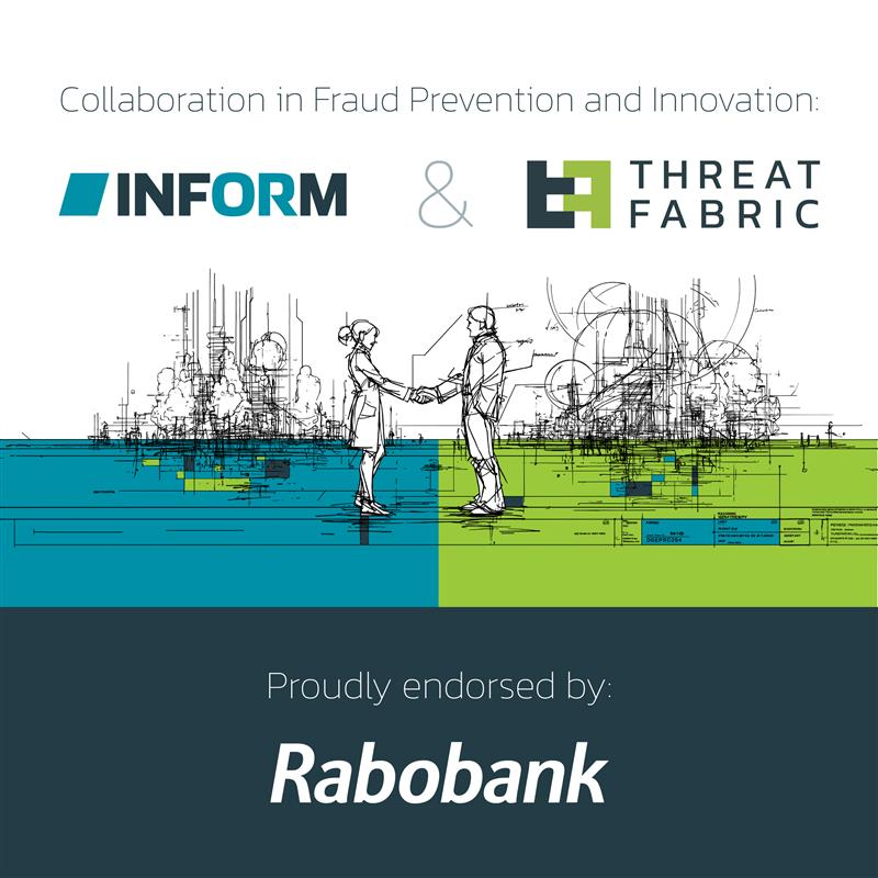 INFORM & ThreatFabric partnership, endorsed by Rabobank – handshake graphic.