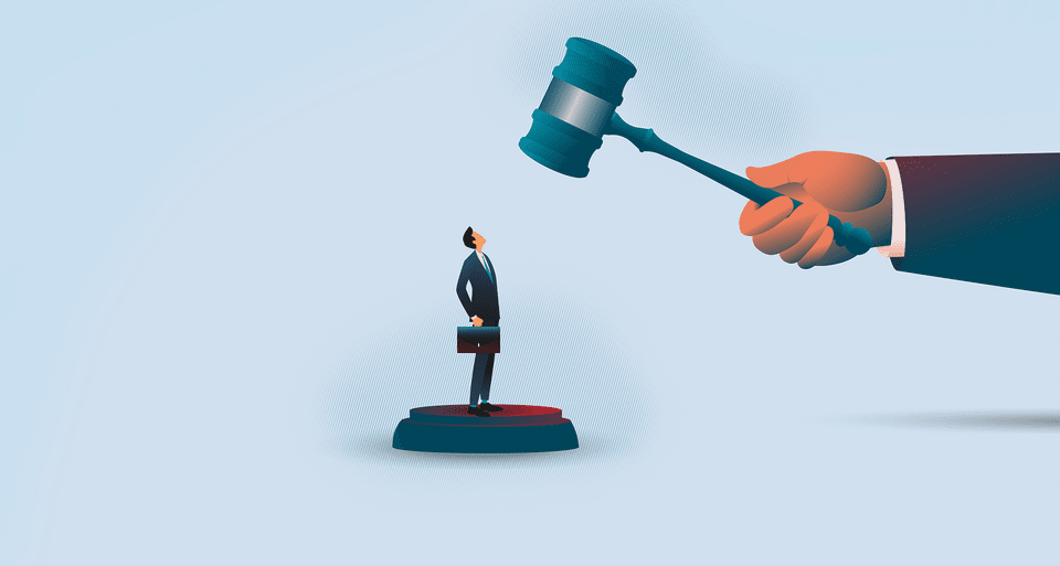 AML pressure illustrated: A large gavel over a banker symbolizes strict compliance rules and urgent reporting deadlines.