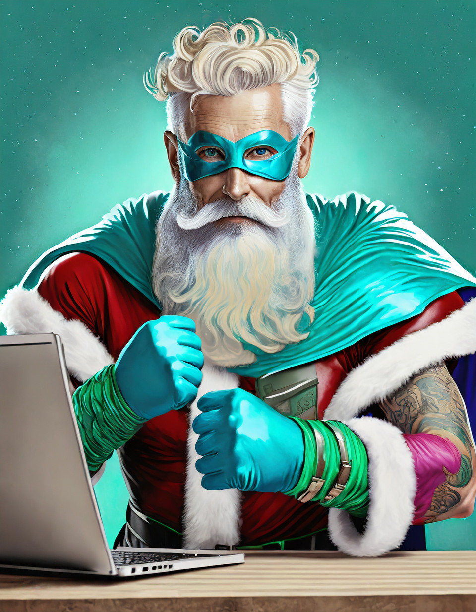 Tattooed superhero Santa Claus with turquoise beard and hair and turquoise cap, sitting in front of a laptop