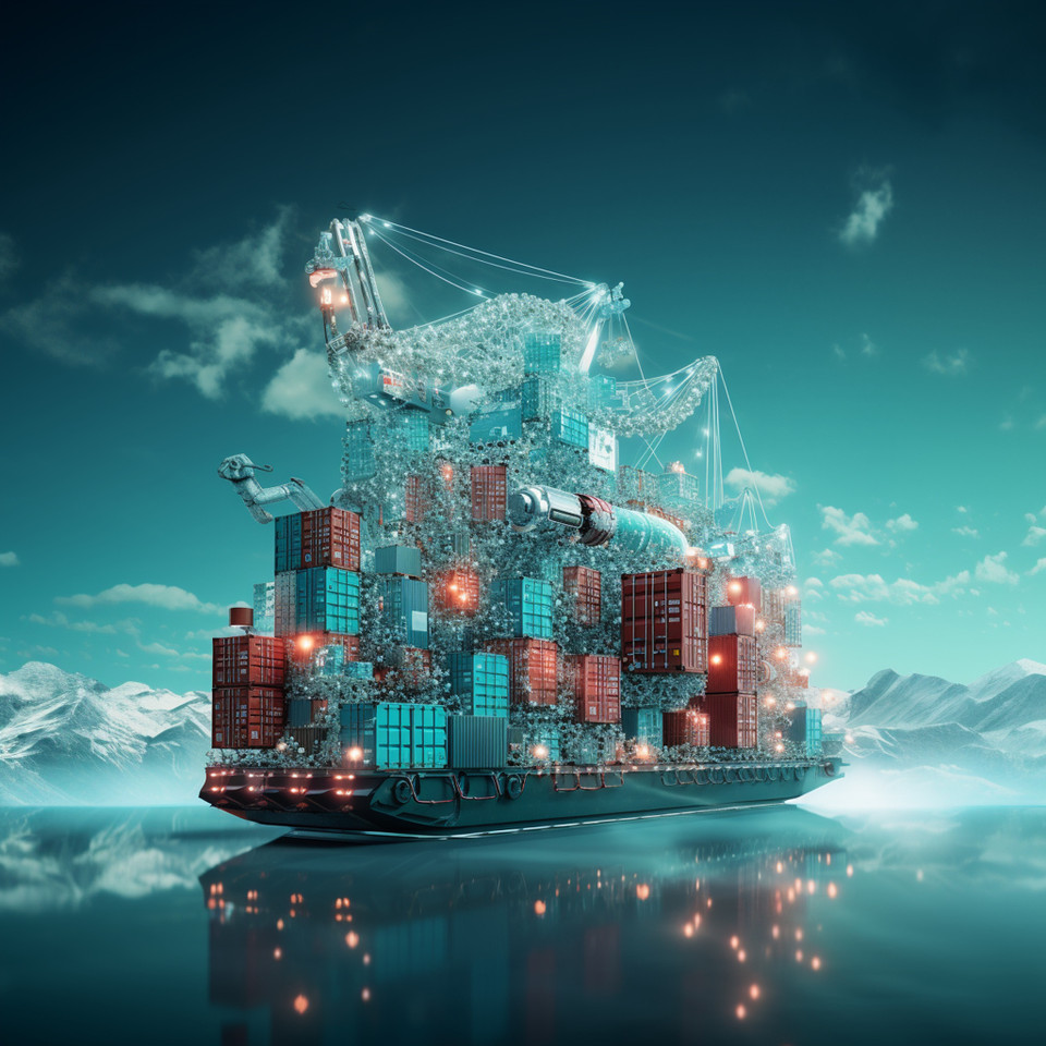 algorithms pulling a container sleigh into the turquoise sky with christmas decoration and bright lights