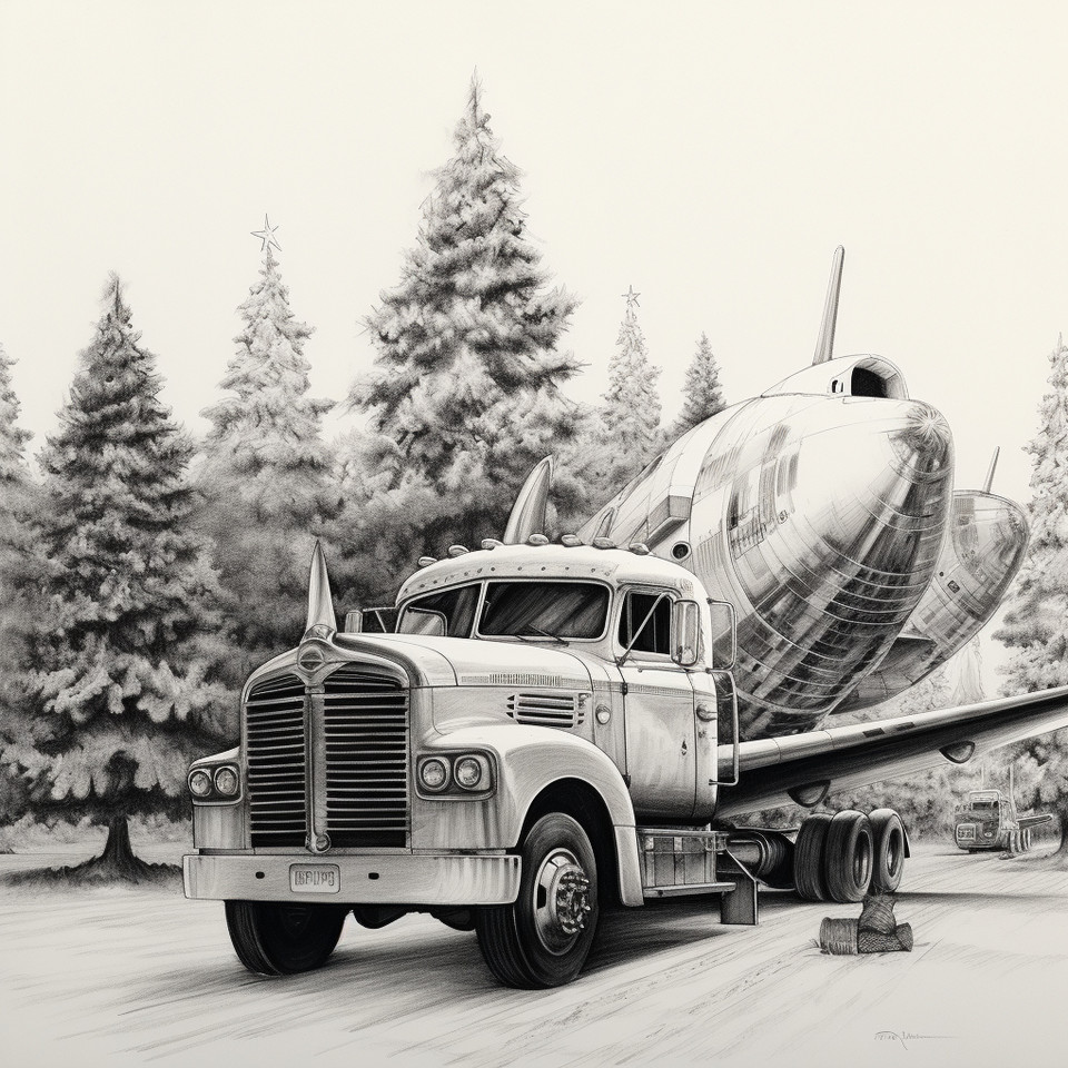 a pencil sketch black and white, truck and plane and christmas tree
