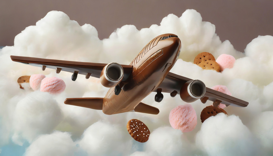 Firefly A modern passenger airplane made of chocolate and Cookies between sweet cotton candy clouds