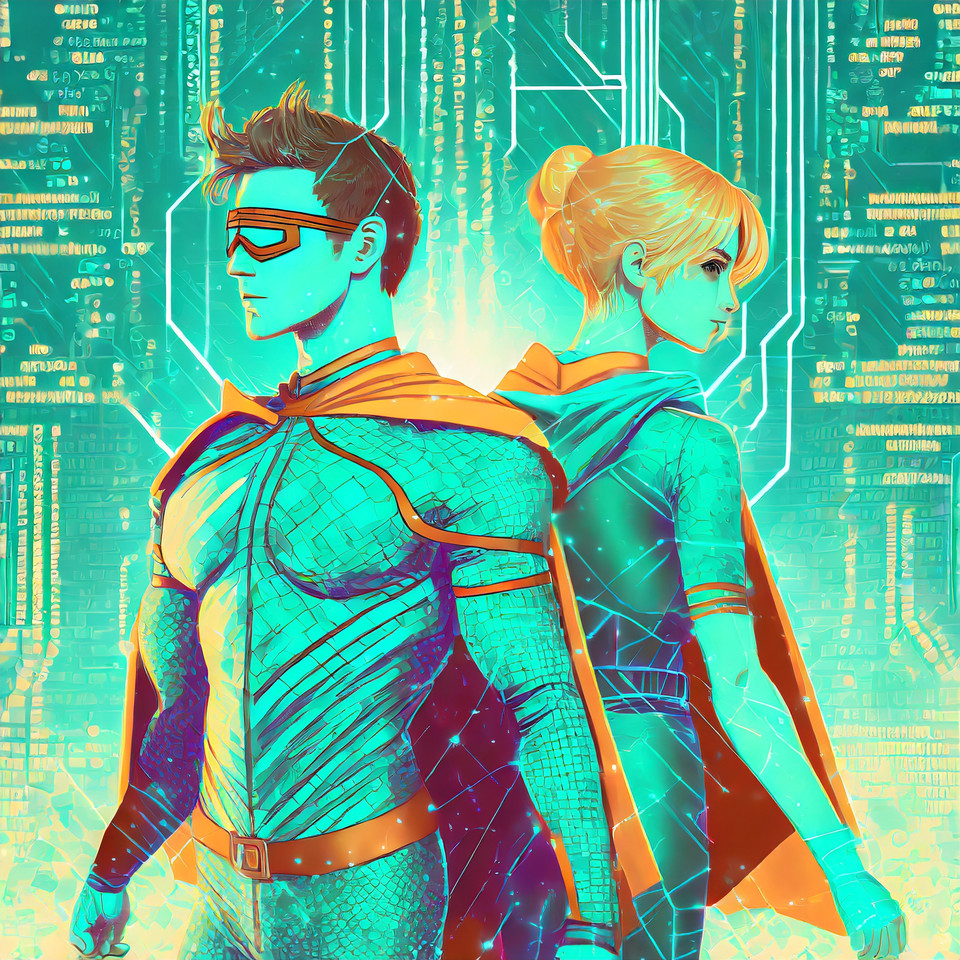 Turquoise superhero and superheroine with cape take a virtual stroll through program code