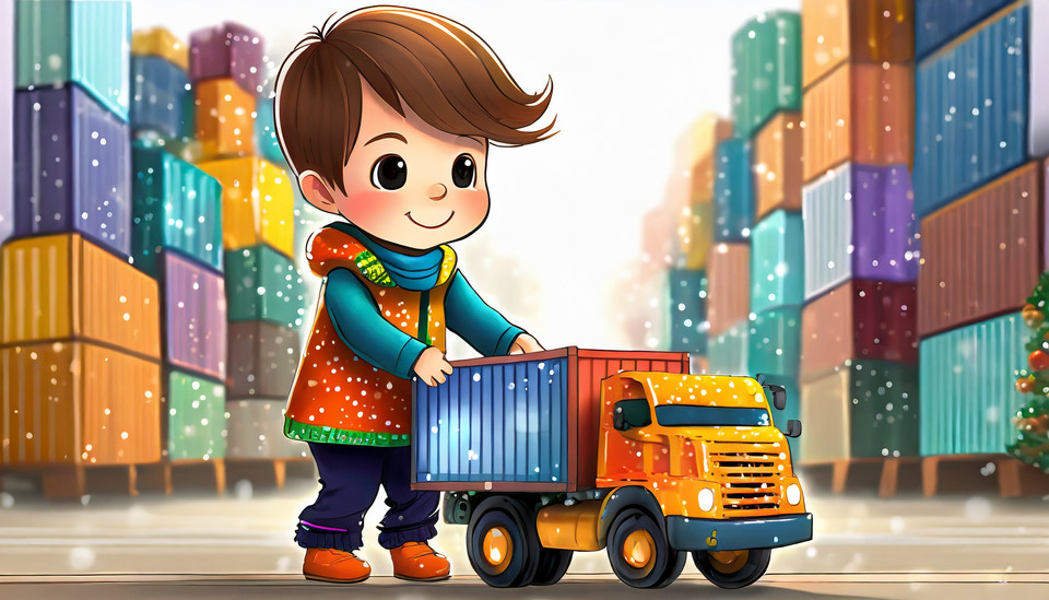 Child plays with a container truck in a small toy container seaport at Christmas