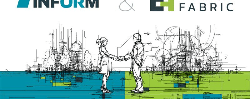 Grafik mit den Logos von INFORM und ThreatFabric, die eine Partnerschaft symbolisieren. Zwei Figuren reichen sich die Hand, darunter der Hinweis „Proudly endorsed by: Rabobank“.