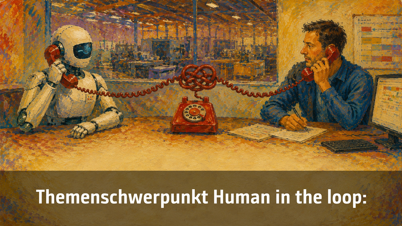 Ein Roboter und ein Mann telefonieren miteinander in einem modernen Büro, symbolisieren Kommunikation und Technologie.