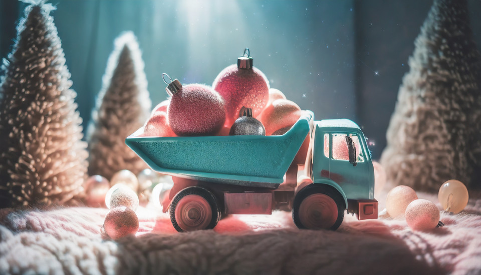  Turquoise dump truck loaded with small Christmas tree baubles at Christmas