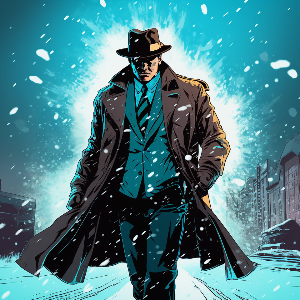 fraud fighter detective with tattoos wearing turquoise Trenchcoat and bowler hat standing in softly falling snow #comic