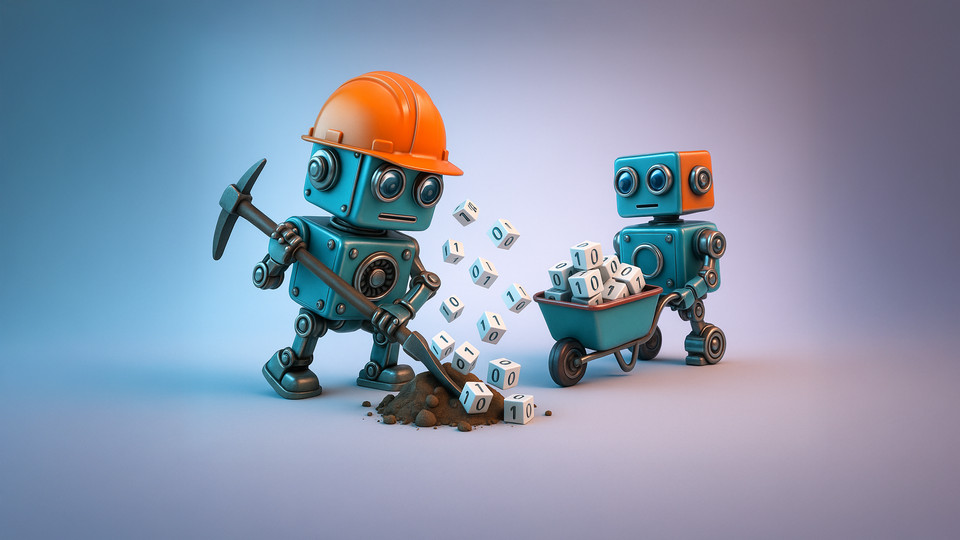 Zwei lustige Roboter in Arbeitskleidung, die mit einer Schaufel und einer Schubkarre Blöcke bewegen.