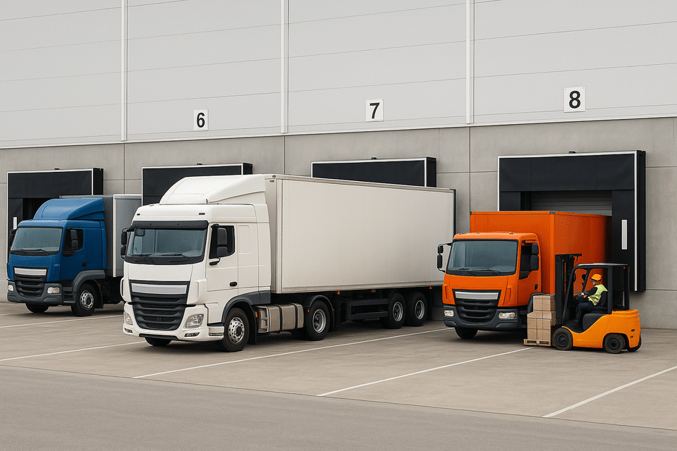 Lkw und Gabelstapler im Einsatz an einem Rampe.