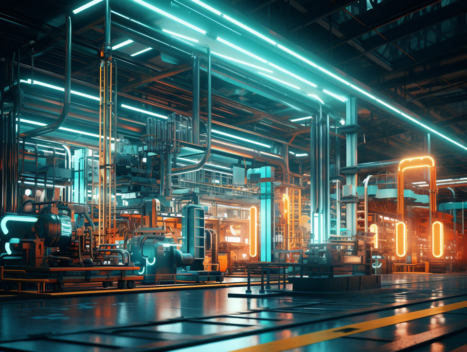 modern machine warehouse, lean design, assembly lines, bright lights, turquoise windows, cinematic --ar 4:3