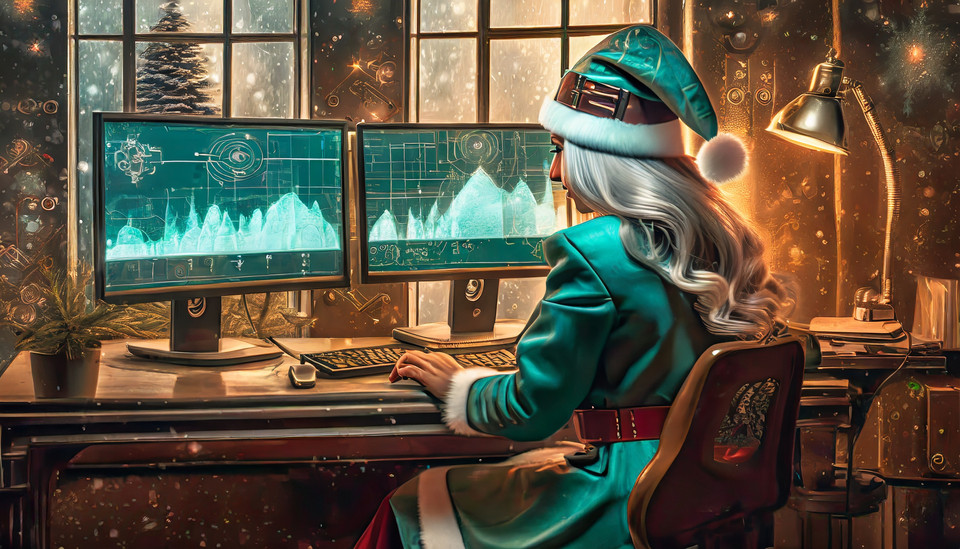 Santa Claus with white hair and coat and cap in the color turquoise from behind in front of monitors with data and windows with snowy landscape