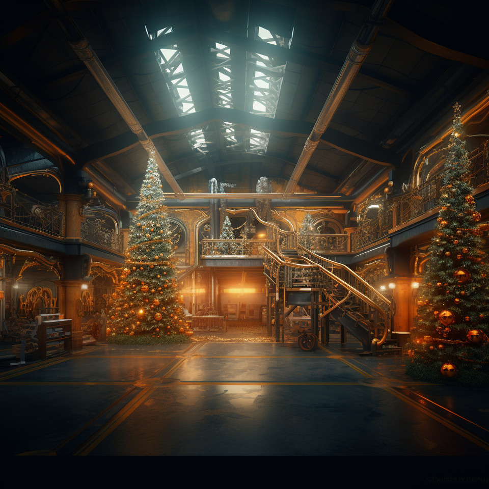 modern machine warehouse, lean design assembly lines ::3, natural lighting, turquoise windows, cinematic, wonderful christmas tree