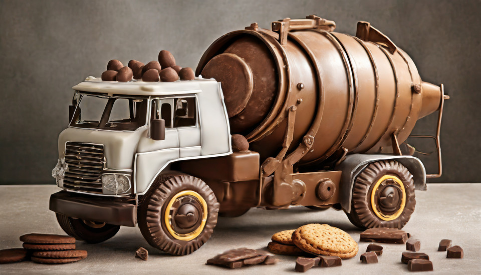 Concrete mixer truck made from chocolate and cookies 