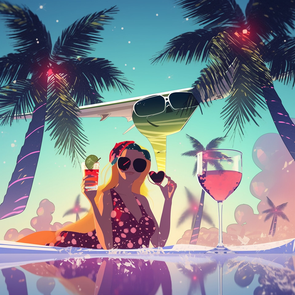 photo of miss santa claus with sunglasses and cocktaildrink infront of a palmtree and pool on a tropic island, a modern airplane flying over her --no red --niji