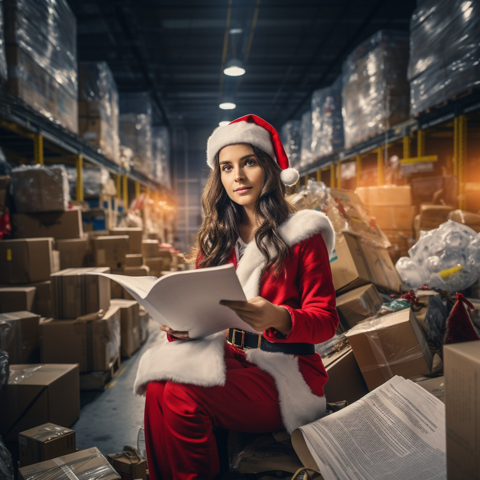 photo of miss santa claus sits in a modern big warehouse with gifts. She has a map in her hand showing the wards of the children she has to deliver to. she is a supply chain manager